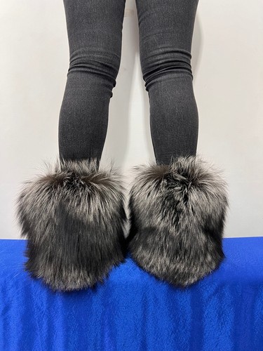 Silver-Black Fox Fur Boots Double Sided Fur Indoor and Outdoor 10" (26cm) Height - Picture 8 of 11