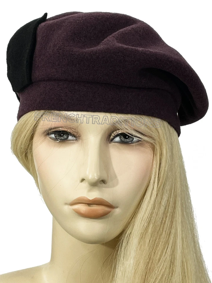 Laulhere 100% Wool Beret Hat Coco Eggplant with Black Bow -Made France 7 -7 1/8 - Image 3 of 4