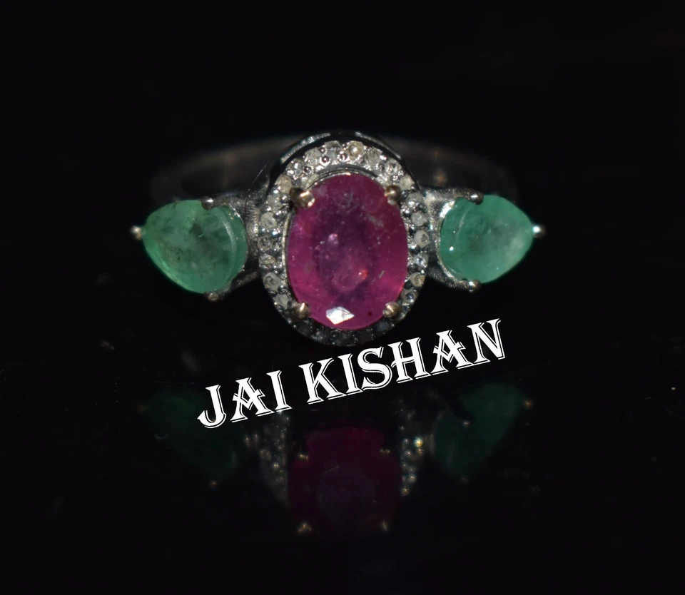 Smeraldo Rubino Gemma 925 Argento Sterling a Pavé Diamante Elegante Anello Gioie - Immagine 2 di 4