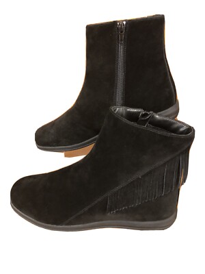 David Tate Elf17-209 Women’s Black Suede Booties Fringe-Zip Size  Flats New