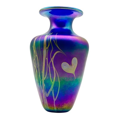 Vintage Cobalt Iridescent Art Glass Vase Blue Bud Vase White Dots - Picture 9 of 12