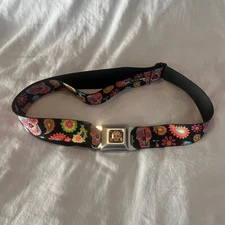 Buckle-Down Sugar Skull Starburst Black/Multi-Color Seatbelt Belt Day of the Dea