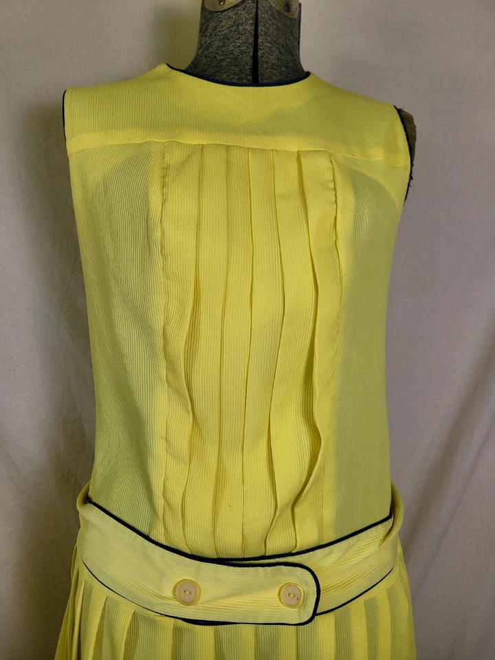 Vestido Vintage Años 60 Cintura Caída Amarillo Mantequilla Marinero Cinturón Plisado Falda Mod M/L Foto 3 de 4