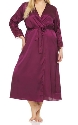 Flora by Flora Nikrooz Women's Plus Size Satin Stella Robe, Bordeaux Red, 2X