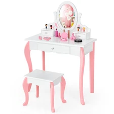 Kids Vanity Princess Makeup Dressing Table Stool Set W/ Mirror Drawer White