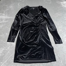Express Dress Womens Medium Black Velvet V Neck Faux Wrap Whimsy Witchy Vamp