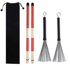 2Pair Jazz Drum Sticks Brushes Kit 1 Pair Retractable Drum Wire Brushes 1 Pai...