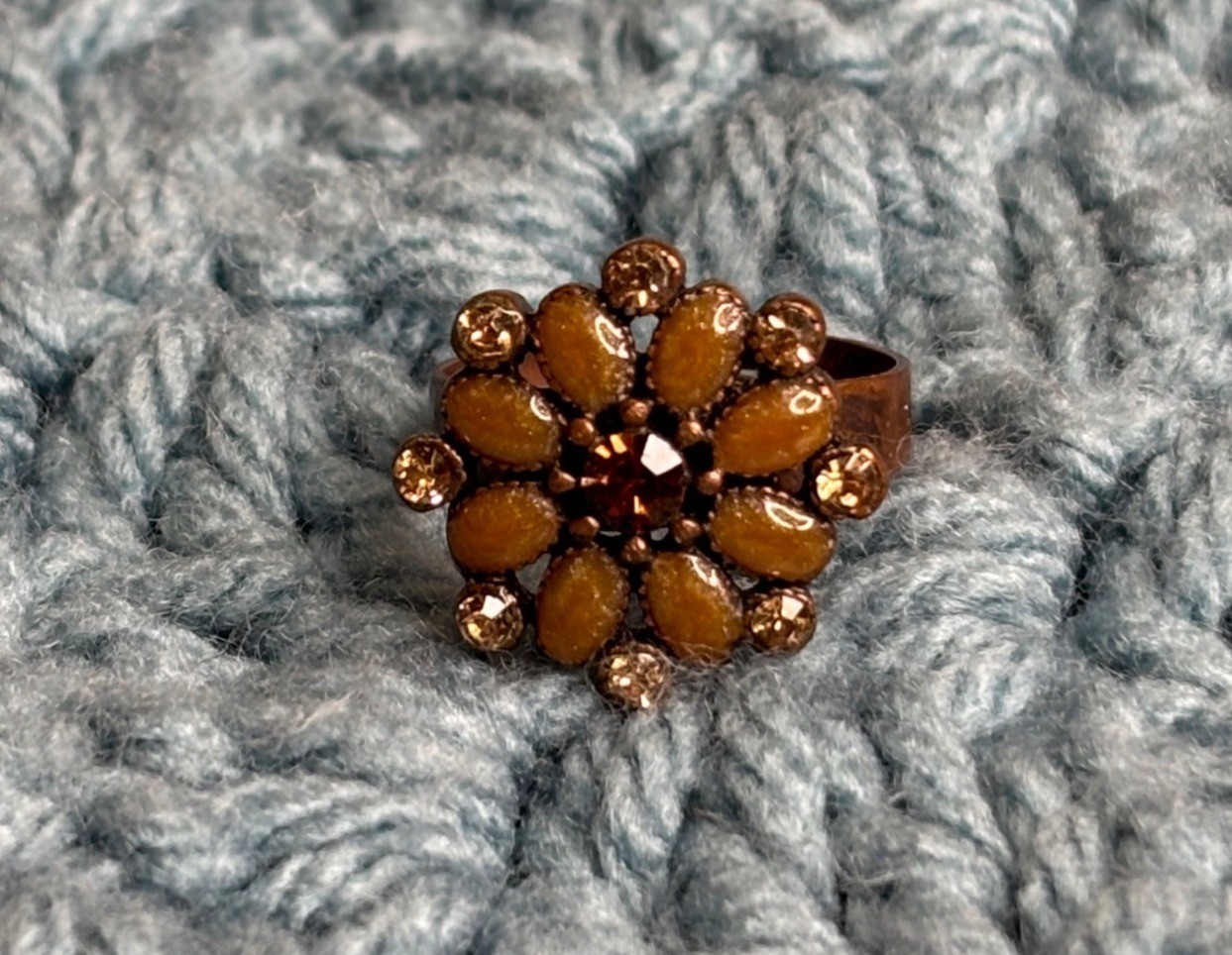 Rhinestone Flower Adjustable Ring Copper Orange - image 2