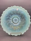 FENTON - VINTAGE Blue Green Holly & Berries Bowl - Opalescent Ruffled Edge - 10"