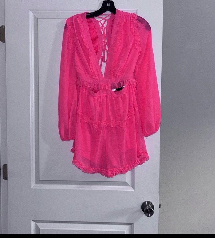 Sexy Hot Pink Sheer Ruffle Romper- NWT Sz Medium