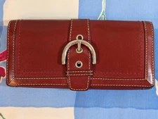 Red Leather Coach Ladies Envelope Long Wallet With Silver Tone Buckle Inside Zip