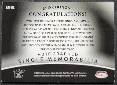 KAI LENNY 2024 SPORTKINGS VOLUME 5 AUTO SINGLE MMEMORABILIA #AM-KL SURFER - Imagen 2 de 2