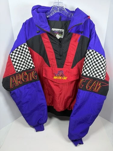 Vintage 90s Arctic Cat Race Cat Pullover Jacket XXL Checkered Snowmobile USA - product listing photo