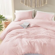 Blush Comforter Set Queen - Boho Aesthetic Pom Fringe Bedding for Teen Girls,