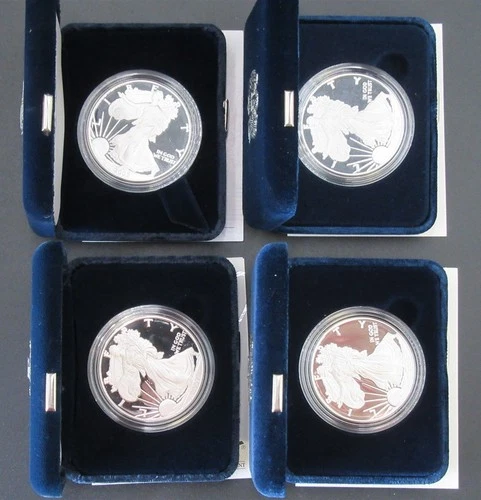 4 AMERICAN EAGLE SILVER DOLLARS PROOF 2002 2007 2010 2018 1 TROY OUNCE OZ NR!