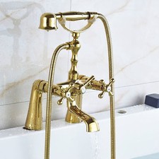 Polished Gold Clawfoot Bath Tub Faucet with Handshower Dual Handles - Deck Mount