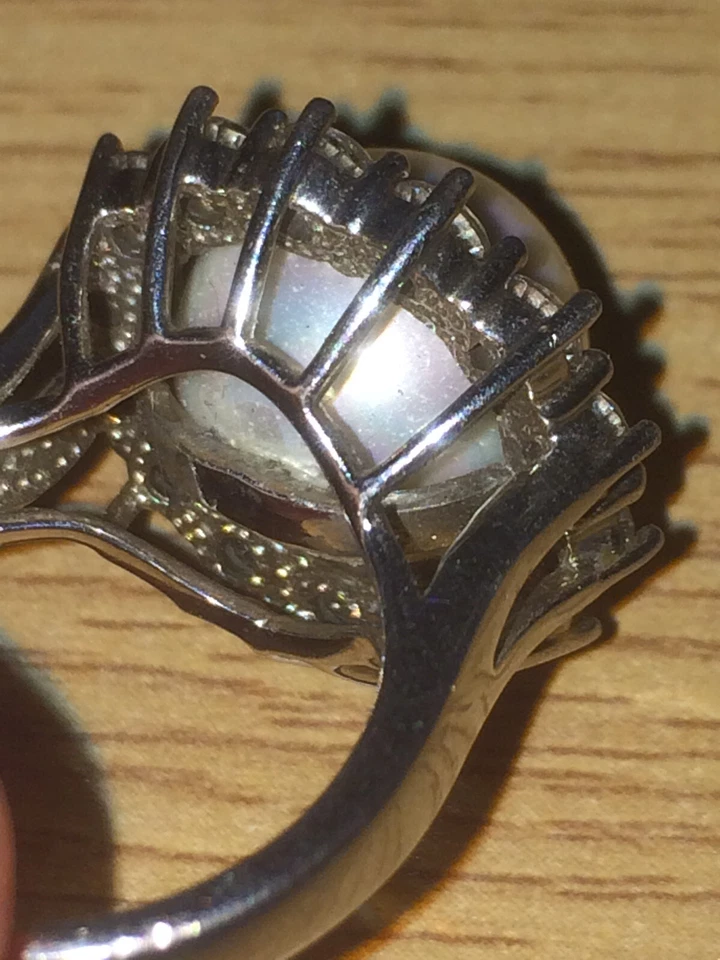 Vintage 925 Sterling Silver Cluster Ring with CZ Stones & Simulated Pearl Size K - Image 4 of 4