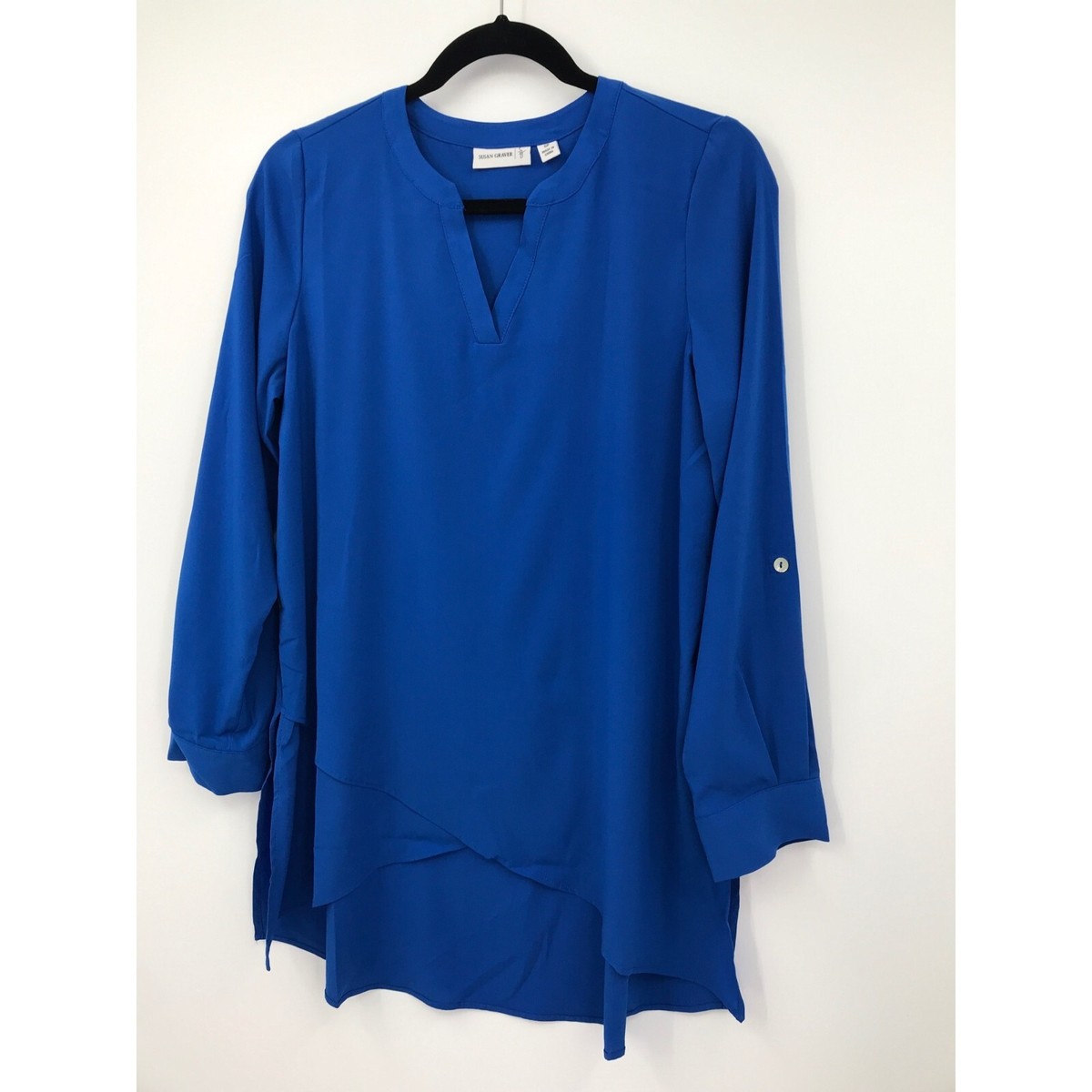 Susan Graver Stretch Woven Tunic Blouse Top Crossover Hem Blue 6