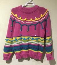Vintage One Step Up Acrylic Chunky Knit Pullover Sweater Pink Multicolor Sz L R3