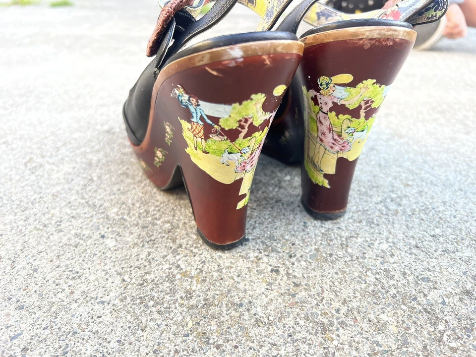 Sandalias de plataforma Miss L-Fire Rockabilly de cuero marrón con tacón de madera RARAS talla 9 Foto 3 de 4