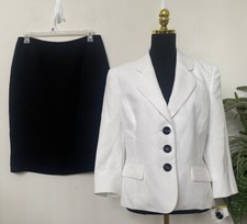 NWT Kasper Women's White Black 100 Polyester 2 Pc Skirt Suit Size 14, MSRP 280