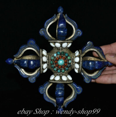 4'' Old Tibetan Lapis Lazuli Buddhism 4 share Phurba Dagger Holder Statue