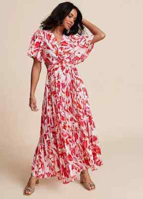 Freemans Pink Rot Blumenmuster Plissiertes Maxikleid Kurzarm UK 10 (fm118-2)
