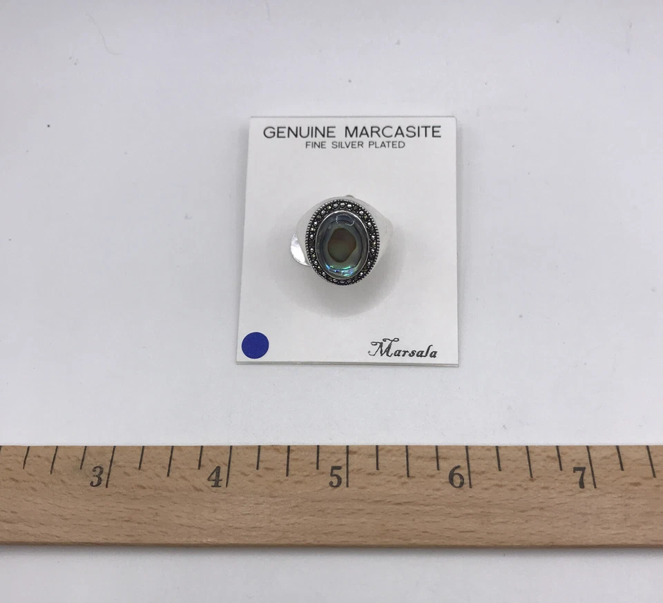 Pretty Marsala  Silver Plated Mother of Pearl & Marcasite Ring US SZ 8 - Image 3 of 3