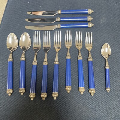 Bugatti Vietri Lot Of 12 Pieces Of Flatware Knife Fork Spoons - Blue 