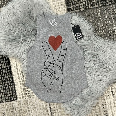 Chaser Women's Heathered Gray Love Peace Hand Gesture Tank Top Size S NWT