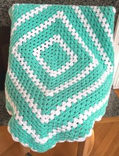 Crochet Granny Square Blanket Afghan Wrap Baby Worsted 33"x 33" Mint Green White