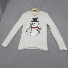 Snowman Sweater Girls Large 11-13 White Fuzzy Sequin Christmas Holiday Party