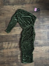 Pretty Little Thing Olive Velvet One Shoulder Ruched Midi Bodycon Dress size 6