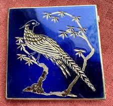 Square Vintage Stratton Mirror Compact. Blue Enamel &Brass. Orient Pheasant/Pcok