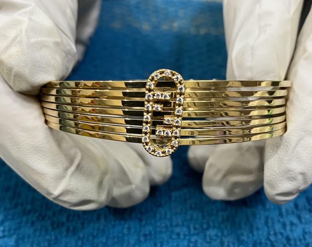 Fendi Gold Metal Bangle Bracelet with Crystal Accent and original