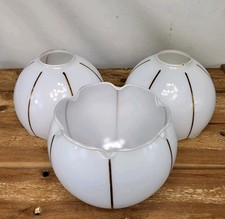 3x Vintage Round Glass Ruffle Shades White With Gold Tone Stripes Milky Glass UK