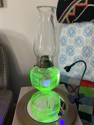 #ad #ad GIANT BRAND Green Uranium Glass Oil Lamp Sun Pattern w Burner and Chimney $250.00