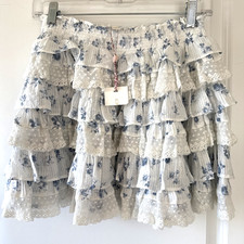 LoveShackFancy Blue White Lace Mini Skirt Ruffle Layered Elastic Waist SZ S