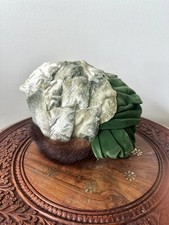 Green Velvet  Floral Vintage Hat With Brown Mink Trim