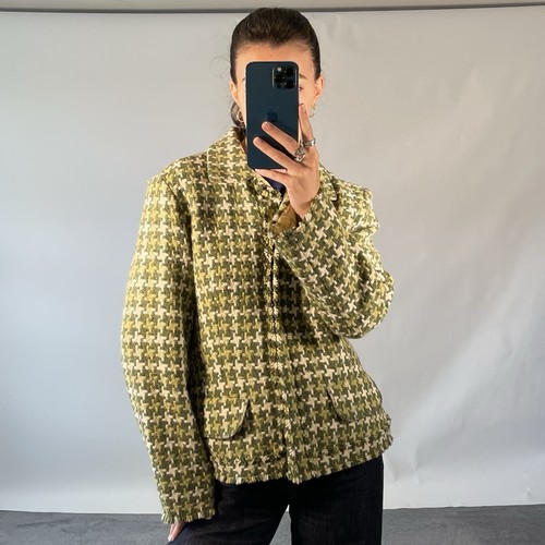 Perry Ellis, Perry Ellis UK10 Jacket Vintage Wool Blend Green Tweed Short Blazer Raw Hem