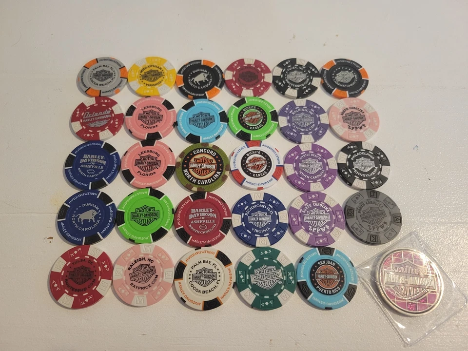 Lot of 29 Harley Davidson Poker Chips & Love To Ride Pink Challenge Coin - Image 2 of 2
