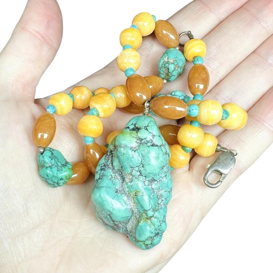 Sterling Silver Giant Turquoise Pendant Carnelian Necklace Peach Coral Stones - Image 2 of 4