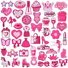 Hotop 48 Pcs Hot Pink Girl Iron on Patches Princess Girl Heat Transfer