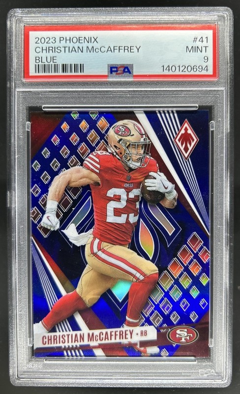 2023 Panini Phoenix Christian McCaffrey Blue #/25 49ers PSA 9