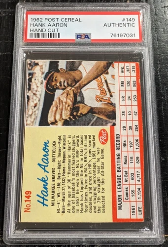 1962 Post Cereal HANK AARON PSA Authentic Hand Cut #149 Vintage Braves ~7031