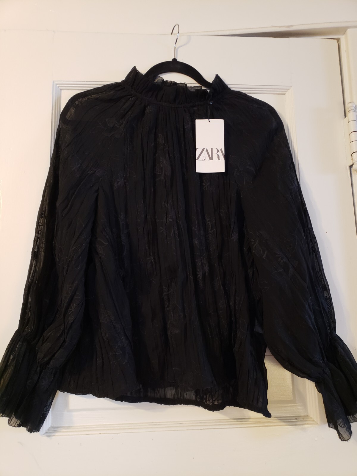 Zara Embroidered Semi Shear Boho Balloon Sleeve Black Blouse Size S image 5