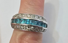 Silver Plated Blue  Clear Cubic Zirconia CZ Cocktail Ring Sz 6