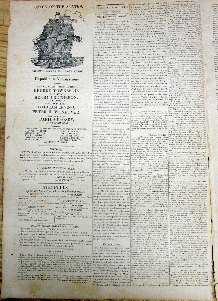 1814 newspaper with LARGE ILLUSTRATED AD for the early DEMOCRAT POLITICAL  PARTY - Main Image