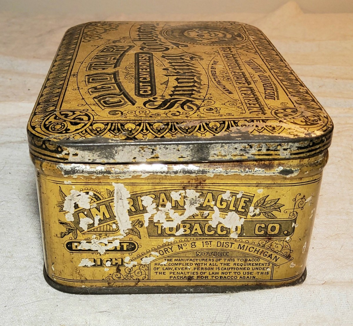 RARE ANTIQUE OLD TAR CUT CAVENDISH SMOKING TOBACCO GINNA TIN AMERICAN EAGLE  T.CO