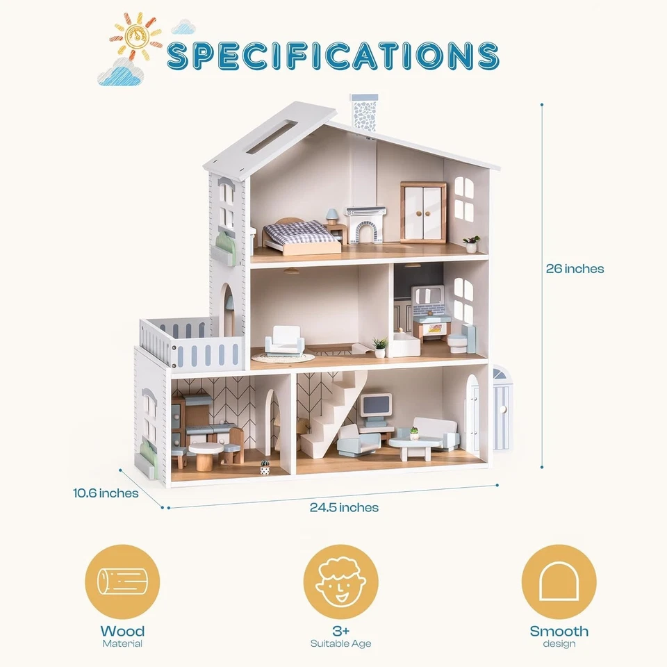 Robud Wooden Dollhouse 3 Story Doll House Set with 23 Pcs Furniture for Ages 3+ - Image 4 of 4